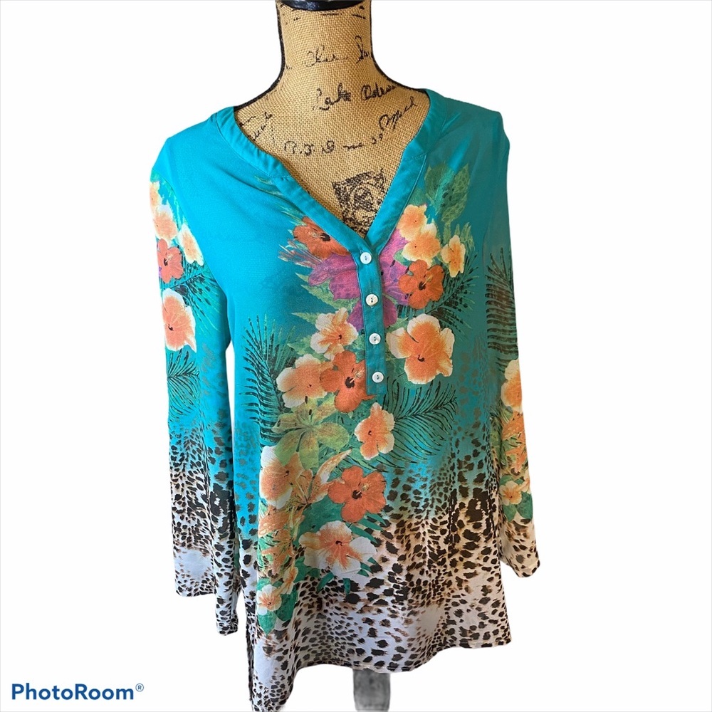 Soft Surroundings Tropical Print Bombay Blue Tunic Size Small Floral